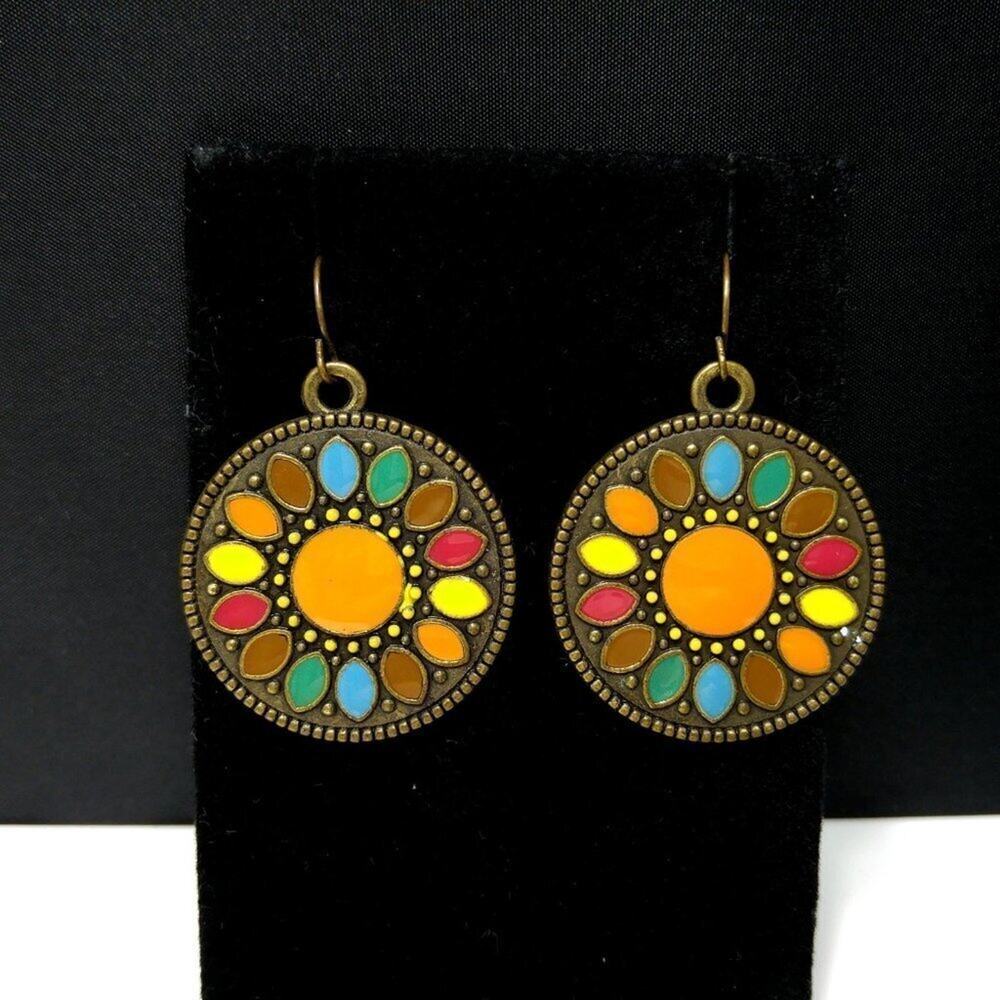 Vintage Enamel Drop Flower Earrings, Red Yellow Blue Orange Brown,1970s - Picture 9 of 10